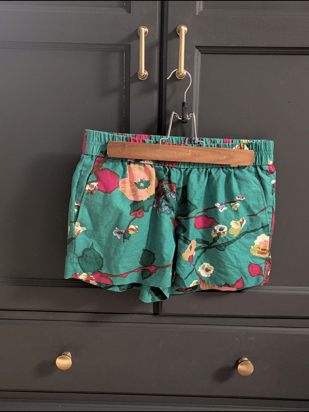 J. Crew Teal Floral Elastic-Waist Linen Shorts W/Pockets